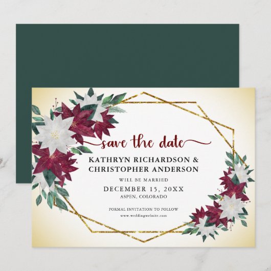 Bourgogne Poinsettias Goud Glitter Kerstmis Save The Date (Voorkant / Achterkant)
