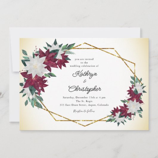 Bourgogne Poinsettias Goud Lijst Kerstbruiloft Kaart (Voorkant)