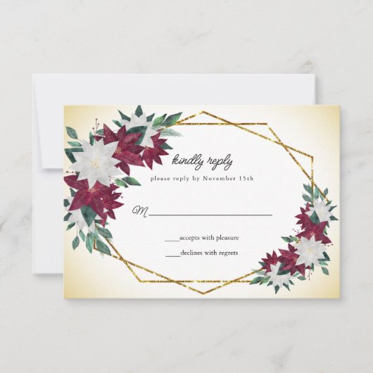 Bourgogne Poinsettias Goud Lijst Kerstbruiloft RSVP Kaartje (Voorkant)