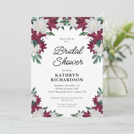 Bourgogne Poinsettias Kerst Vrijgezellenfeest Kaart (Staand voorkant)