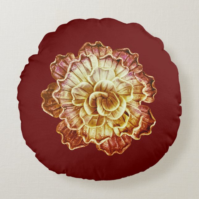 Bourgogne (primair) & Cream Rosette Elegance Round Rond Kussen (Voorkant)