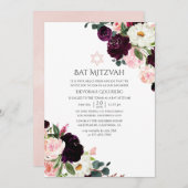 Bourgogne Pruim en Blush Pink Bat Mitzvah Kaart (Voorkant / Achterkant)