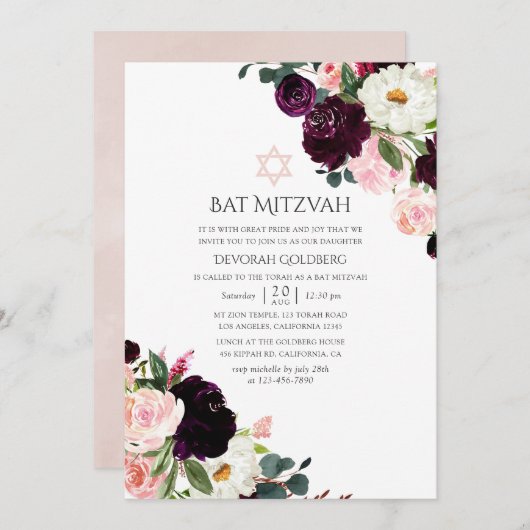 Bourgogne Pruim en Blush Pink Bat Mitzvah Kaart (Voorkant / Achterkant)