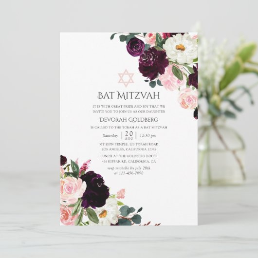 Bourgogne Pruim en Blush Pink Bat Mitzvah Kaart (Staand voorkant)