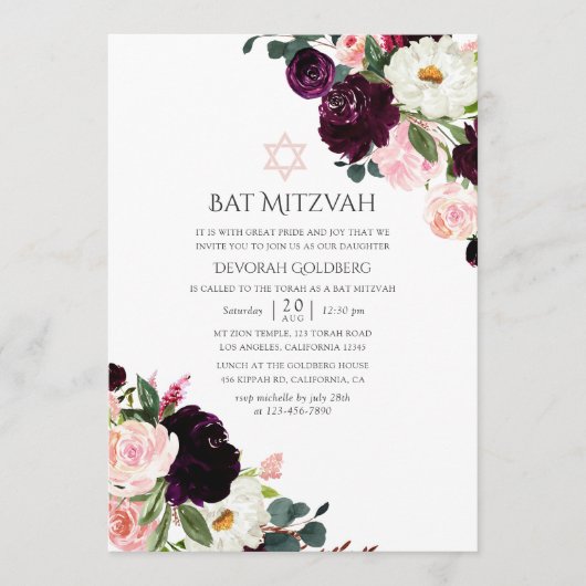 Bourgogne Pruim en Blush Pink Bat Mitzvah Kaart (Voorkant)