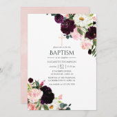 Bourgogne Pruim en Blush Roze Bloemen Doop Kaart (Voorkant / Achterkant)