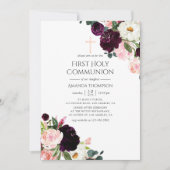 Bourgogne Pruim en Blush Roze Bloemen Heilige Comm Kaart (Voorkant)