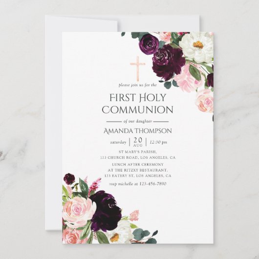 Bourgogne Pruim en Blush Roze Bloemen Heilige Comm Kaart (Voorkant)