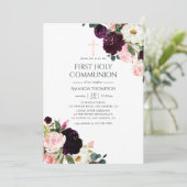 Bourgogne Pruim en Blush Roze Bloemen Heilige Comm Kaart (Staand voorkant)