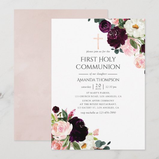 Bourgogne Pruim en Blush Roze Bloemen Heilige Comm Kaart (Voorkant / Achterkant)