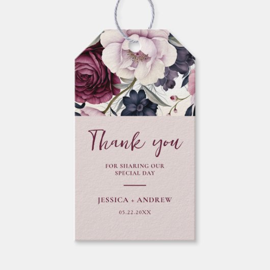 Bourgogne Pruim Paarse Bloemen Waterverf Bruiloft Cadeaulabel (Voorkant)