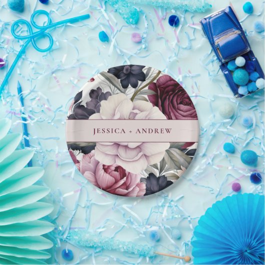 Bourgogne Pruim Paarse Bloemen Waterverf Bruiloft Papieren Bordje (Feest)