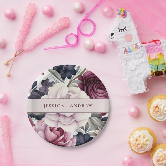 Bourgogne Pruim Paarse Bloemen Waterverf Bruiloft Papieren Bordje (Feest)