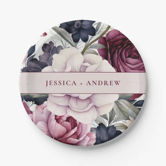 Bourgogne Pruim Paarse Bloemen Waterverf Bruiloft Papieren Bordje (Voorkant)