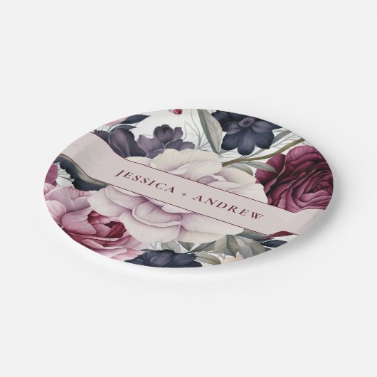 Bourgogne Pruim Paarse Bloemen Waterverf Bruiloft Papieren Bordje (Gekanteld)