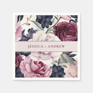 Bourgogne Pruim Paarse Bloemen Waterverf Bruiloft Servet