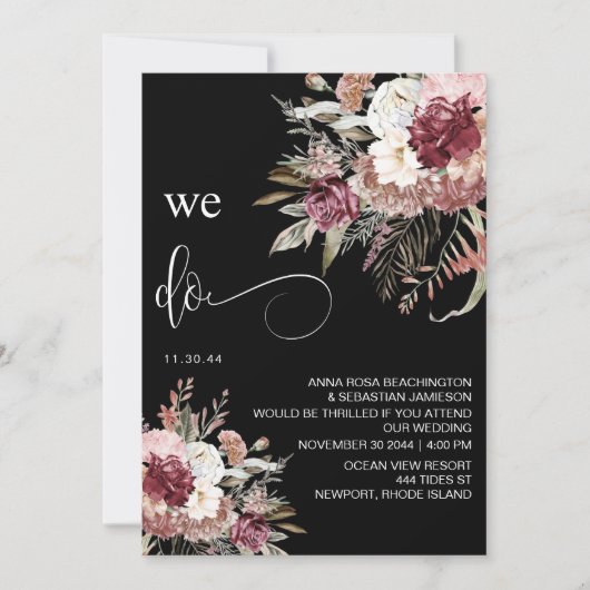 *~* Bourgogne QR AR15 Floral Roos RSVP WEDDING I Kaart (Voorkant)