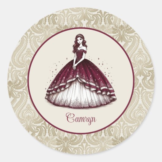 Bourgogne Quinceañera jurk Ronde Sticker (Voorkant)