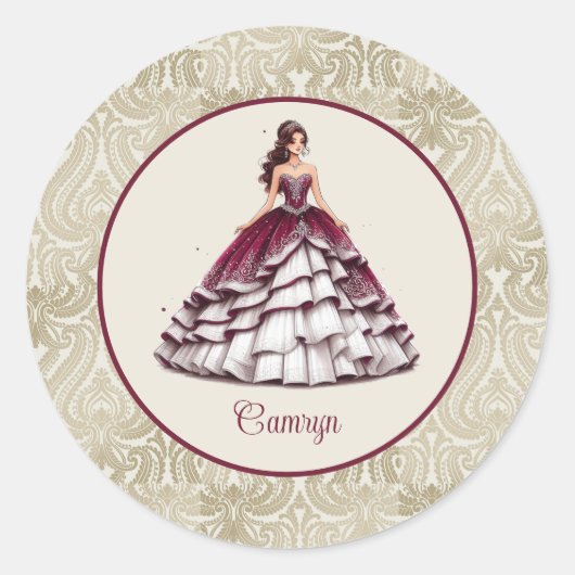 Bourgogne Quinceañera jurk Ronde Sticker (Voorkant)