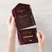 Bourgogne Red Agate Gold Script Wedding All In One Uitnodiging (Afscheurbaar)
