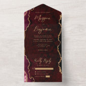 Bourgogne Red Agate Gold Script Wedding All In One Uitnodiging (Binnen)