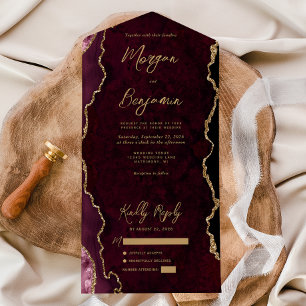Bourgogne Red Agate Gold Script Wedding All In One Uitnodiging
