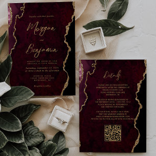 Bourgogne Red Agate Script QR Code Wedding Kaart