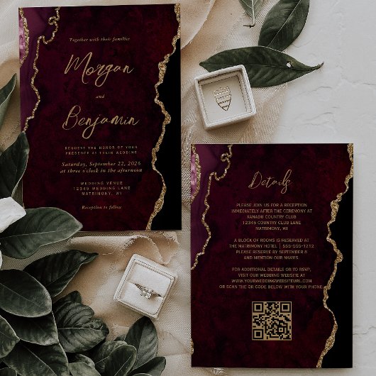 Bourgogne Red Agate Script QR Code Wedding Kaart