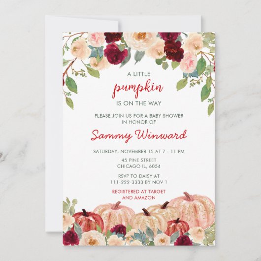 Bourgogne Red and Blush Pumpkins Baby shower Kaart (Voorkant)