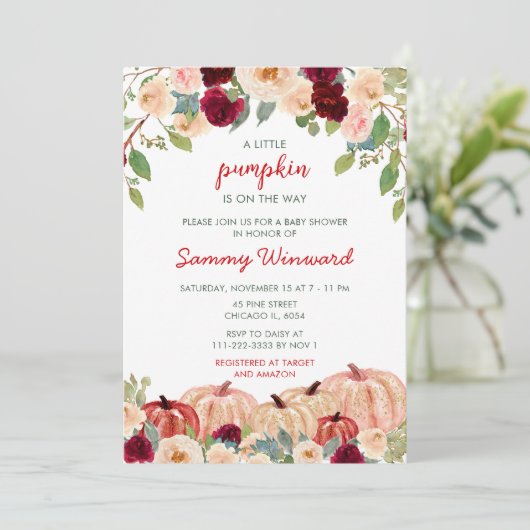 Bourgogne Red and Blush Pumpkins Baby shower Kaart (Staand voorkant)