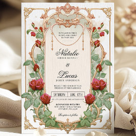 Bourgogne Red Art Nouveau Floral Wedding Invitatio Kaart