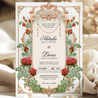 Bourgogne Red Art Nouveau Floral Wedding Invitatio Kaart