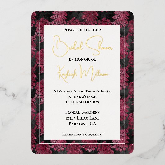 Bourgogne Red Black Floral Vrijgezellenfeest Folie Uitnodiging (Voorkant)