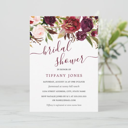 Bourgogne Red Bloom Bruids Douche Uitnodiging (Staand voorkant)