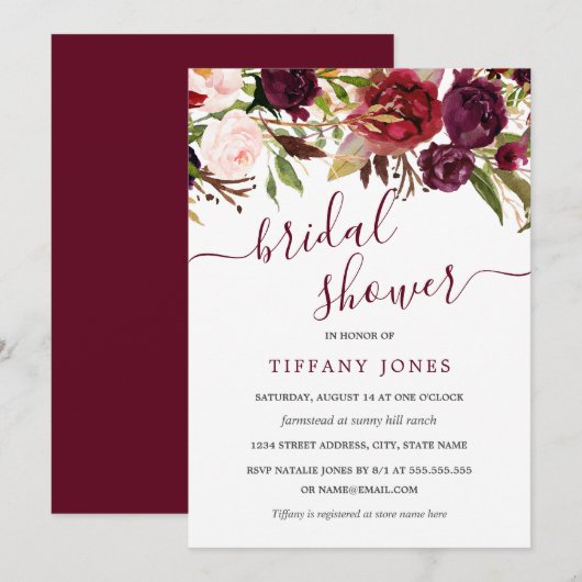 Bourgogne Red Bloom Bruids Douche Uitnodiging (Voorkant / Achterkant)