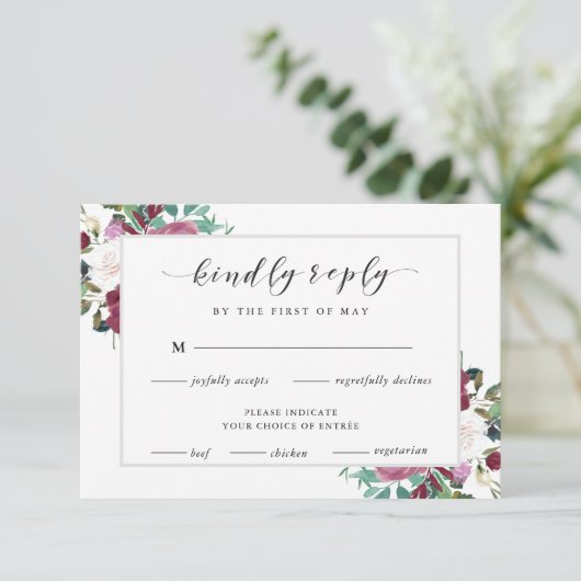 Bourgogne Red Blooms Boho Bruiloft RSVP Maaltijd K Kaartje (Staand voorkant)