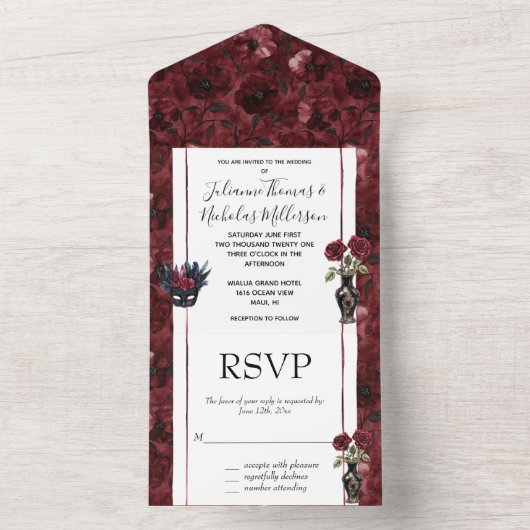 Bourgogne Red Blush Bloemen Huwelijk All In One Uitnodiging (Binnen)