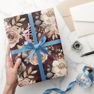 Bourgogne Red Blush Bloemen Huwelijk Cadeaupapier