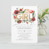 Bourgogne Red Blush Floral Gold Glitter Baby showe Kaart (Staand voorkant)