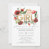 Bourgogne Red Blush Floral Gold Glitter Baby showe Kaart (Voorkant)