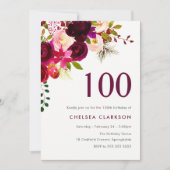 Bourgogne Red Boho Floral 100ste verjaardagsfeest Kaart (Voorkant)
