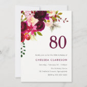 Bourgogne Red Boho Floral 80ste Verjaardagsfeest Kaart (Voorkant)