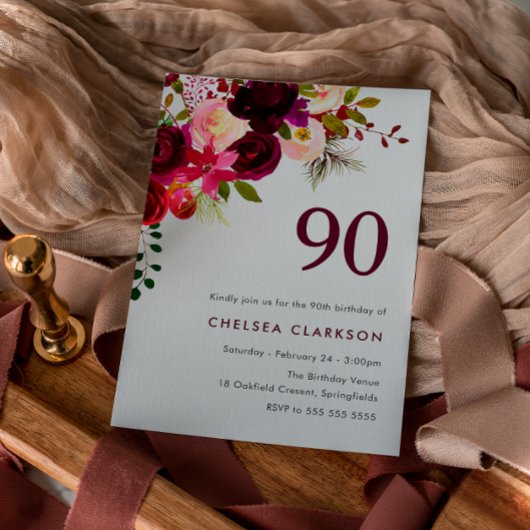 Bourgogne Red Boho Floral 90ste verjaardagsfeest Kaart