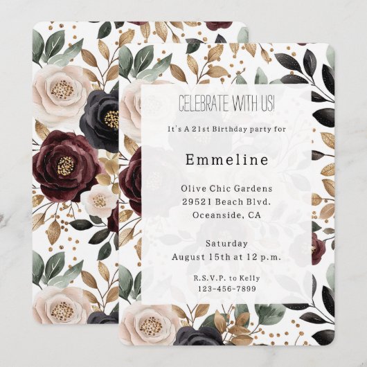 Bourgogne Red Cream Bloemen Verjaardag Kaart (Voorkant / Achterkant)