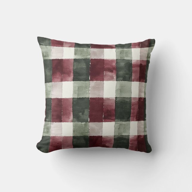 Bourgogne Red Cream Green Plaid Kerstmis Kussen (Voorkant)