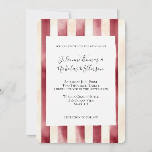Bourgogne Red Cream Stripes bruiloft Kaart (Voorkant)