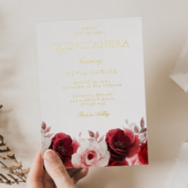 Bourgogne Red Elegance Red Rose Quinceanera Gold Folie Uitnodiging
