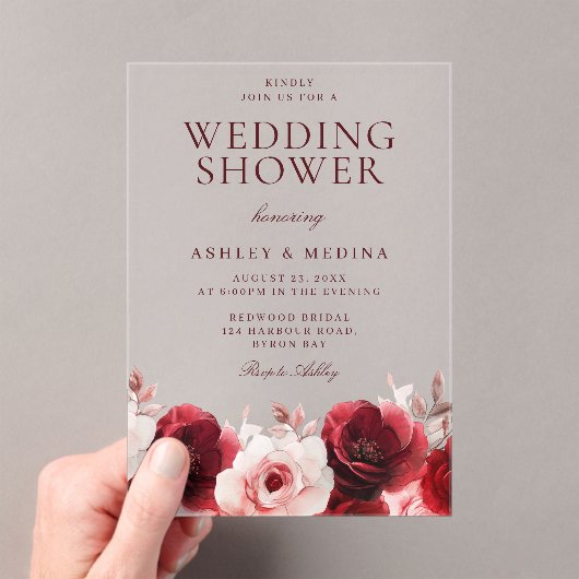 Bourgogne Red Elegance: Red Rose Wedding Shower Acryl Uitnodigingen (Insitu (Draagbaar))