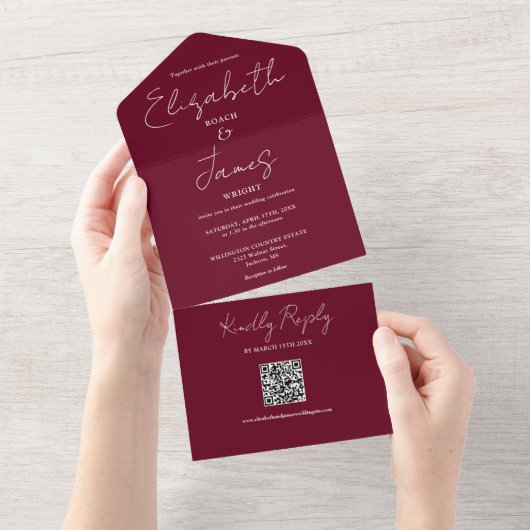 Bourgogne Red Elegant Script QR Code Wedding All In One Uitnodiging (Afscheurbaar)