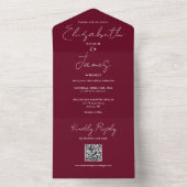 Bourgogne Red Elegant Script QR Code Wedding All In One Uitnodiging (Binnen)